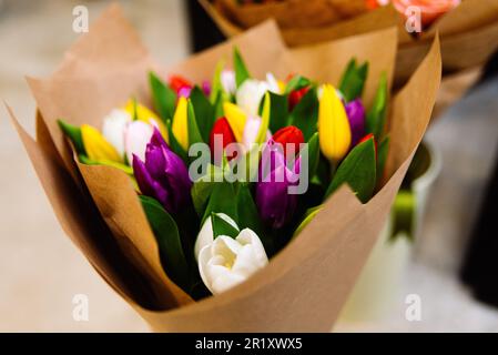 Strauß mehrfarbiger Tulpen in einer Papiertüte. Eine lebendige Nahaufnahme eines frisch gestalteten Bouquet mit bunten Blütenpflanzen. Stockfoto