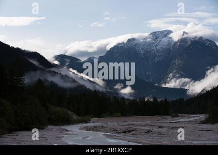 Panorami delle montagne e boschi delle dolomiti all'alba con nuvole Stockfoto