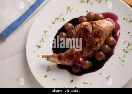 Wildes Kaninchen mit Weinsoße zubereitet. Traditionelles Rezept in Spanien. Stockfoto