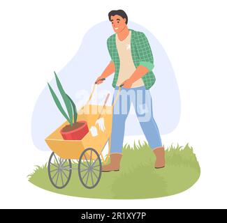Mann mit Pflanzenblume in Schubkarren-Vektordarstellung Stock Vektor