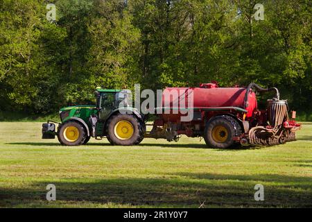 Grüner Traktor mit rotem Gülletank, der Flüssigmistdünger in Grünland einspritzt und an einen Waldrand grenzt Stockfoto