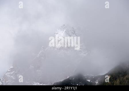 Panorami delle montagne e boschi delle dolomiti all'alba con nuvole Stockfoto