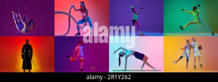 Collage. Verschiedene Menschen, Männer und Frauen in Uniform, die verschiedene Arten von Sport vor mehrfarbigem Hintergrund in Neonlicht treiben Stockfoto