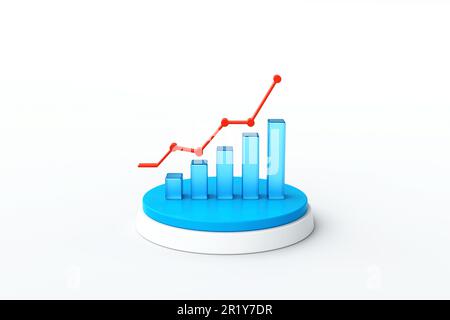 3D blaue Glasgrafik mit rotem Punktdiagramm auf weißem Podium, Handelspfeil. Preistabelle für Börsen. Wachstum und Wertveränderungen. Börsenhandel. Repor Stockfoto