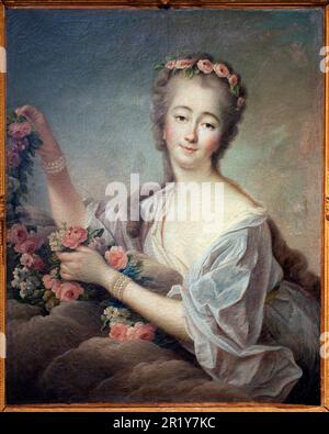 Portrait de Madame du Barry en Flore (Jeanne BeCu, comtesse (ou madame) du Barry (1743-1793) - Peinture de Francois Hubert Drouais (1727-1775), huile sur toile, 1774 - Art francais 18e Siecle - Musee des Beaux Arts d'Agen Stockfoto