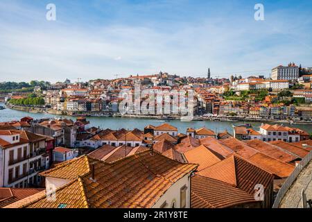 Fantastischer Panoramablick auf Porto und Gaia mit Fluss Douro, aus der Vogelperspektive, weltweit bekannt für guten Wein, Porto, Portugal Stockfoto