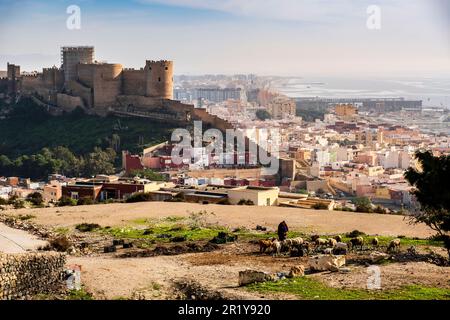 Toller Blick auf die historische Alcabaza de Almería oder die Burg Almeria, ein befestigter Komplex der defensiven Zitadelle in Almeria, Andalusien Stockfoto