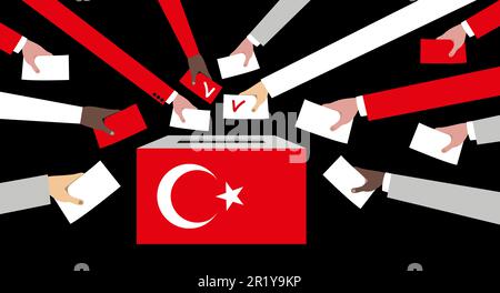 Das Konzept der Wahl in der Türkei. Hände werfen Wahlzettel mit der türkischen Flagge in die Wahlurne. Stock Vektor