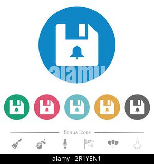 Datei weist auf flache weiße Symbole auf rundem farbigen Hintergrund hin. 6 Bonussymbole enthalten. Stock Vektor