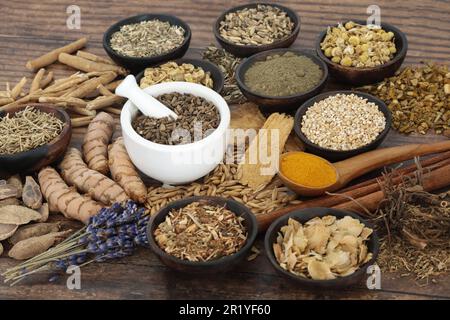 Nerven-Naturnahrungssammlung. Pflanzliche Medizin zur Entspannung und Ernährung des Nervensystems. Gesunde natürliche Adaptogen Stressabbau. Stockfoto