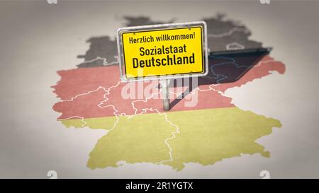 Ortsschild mit dem deutschen Text 'Herzlich Willkommen im Sozialstaat Deutschland' (Willkommen im Bundesstaat Deutschland) Stockfoto