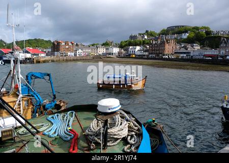 Oban, Schottland, Großbritannien. 16. Mai 2023 Eine Fülle von Aktivitäten am Fährterminal mit Passagieren, die Calmac-Fähren zu den hebridischen Inseln besteigen und zurück zum Festland aussteigen. Ein kleines Fischerboot kommt im Hafen von Oban an an. Kredit: Craig Brown/Alamy Live News Stockfoto