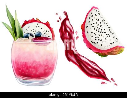 Aquarell-roter Drachenfruchtsaft spritzt und blots, Pitaya-Scheibe und Ice Limonade Illustrationsset. Saftige Spritzer Stockfoto