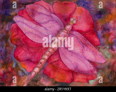 Rote und pinke Libelle mit detaillierten Flügeln auf farbenfrohem Hintergrund. Die Abtasttechnik in der Nähe der Ränder erzeugt einen Weichfokusseffekt aufgrund des veränderten Stockfoto