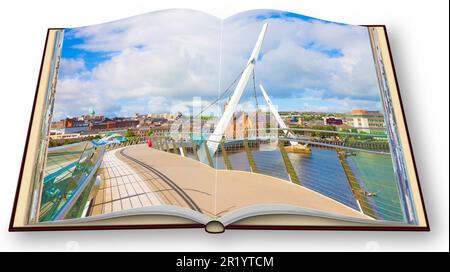 Die Skyline von Derry City (auch Londonderry genannt) in Nordirland mit der berühmten 'Peace Bridge' (Europa - Nordirland) - 3D Renderconce Stockfoto