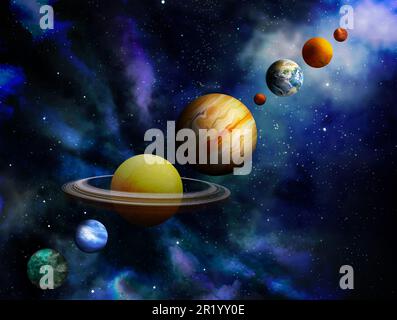 Viele verschiedene Planeten und Sterne im offenen Raum, Illustration Stockfoto