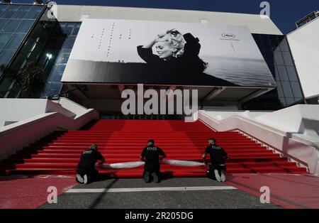 Cannes, Frankreich. 16. Mai 2023. Die Mitarbeiter installieren den roten Teppich im Palais des Festivals vor der 76. Ausgabe des Filmfestivals in Cannes, Südfrankreich, am 16. Mai 2023. Das Filmfestival findet vom 16. Bis 27. Mai dieses Jahres statt. Kredit: Gao Jing/Xinhua/Alamy Live News Stockfoto