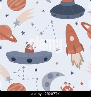 Von Hand gezeichnete, sich nahtlos wiederholende Vektorfarbe einfaches abgewickeltes Muster mit verschiedenen Raketen, Planeten und Kritzeleien auf weißem Hintergrund. Stock Vektor