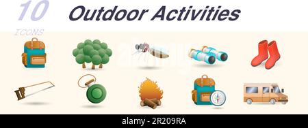 Outdoor-Aktivitäten. Kreative Symbole: Rucksack, Wald, Moskitos, Ferngläser, Stiefel, Bogensäge, Camp Wasserkantine, Lagerfeuer, Kompass, Wohnwagen. Stock Vektor