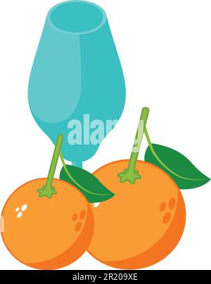 Isometrischer Vektor für das orangefarbene Getränkesymbol. Glasbecher und frische, reife Orange mit Blättern. Getränkekonzept, natürliche Zutat Stock Vektor