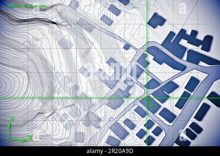 Imaginäre Katasterkarte von Gebieten mit Gebäuden und Straßen, gezeichnet mit einer CAD-Computersoftware (Computer-Aided-Design) in einer DWG-Datei. Stockfoto