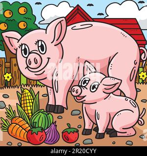 Mutterschwein und Ferkel farbige Cartoon-Illustration Stock Vektor