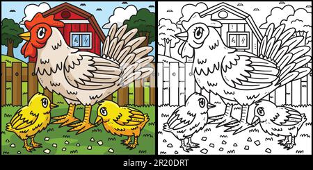 Henne und Küken – Farbbild der Seite Stock Vektor