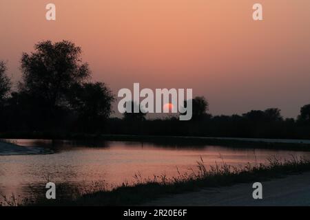 Wunderschöner und ruhiger Sonnenuntergang an den al qudra Seen in dubai mit wunderschönen Farbtönen und leuchtendem Himmel. Stockfoto