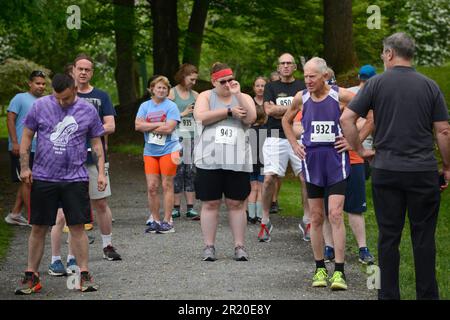 Ausdauerläufer bereiten sich auf ein 5K-km-Rennen in Abingdon, Virginia, vor. Stockfoto