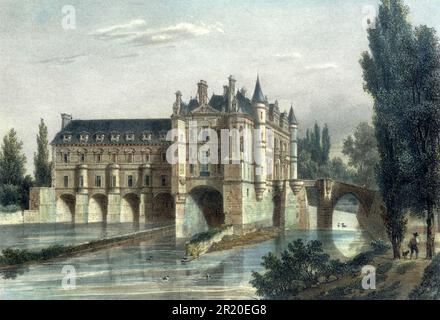 Schloss Chenonceau, Schloss Chateau de Chenonceau, ein Schloss im französischen Dorf Chenonceaux im Departement Indre-et-Loire der Region Centre-Val de Loire, 1830, Frankreich, historische, digital restaurierte Reproduktion eines Originals aus dem 19. Jahrhundert / Schloss Chenonceau, Schloss Chenonceau, Chateau de Chenonceau, Ein Wasserschloss im französischen Ort Chenonceaux im Departement Indre-et-Loire der Region Centre-Val de Loire, 1830, Frankreich, Historisch, Digital Restaurant Reproduktion von einer Vorlage aus dem 19. Hundert Stockfoto