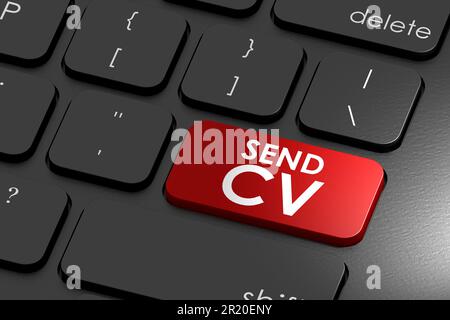 Tastatur mit Sende-CV-Wort, 3D-Rendering Stockfoto