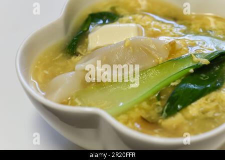 Chinesische Eiersuppe mit Teigtaschen, Tofu und Kohlgemüse Stockfoto