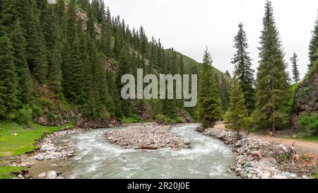 Der Jeti-Oguz Canyon in Kirgisistan ist ein atemberaubendes Naturwunder mit seinem fließenden Fluss, der sich durch die zerklüftete Landschaft zieht und eine atemberaubende Landschaft schafft Stockfoto