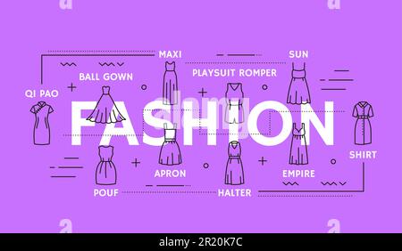 Mode Woman Line Kleider Infografiken, Vektor Damenbekleidung und Outfit-Ikonen. Damenmode und -Typen, Mädchenbekleidung und -Bekleidung, Retro- und moderner Kleiderhalter, Playsuit und Hemd Stock Vektor