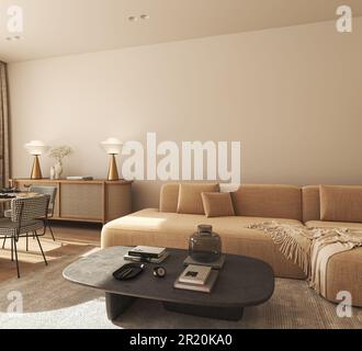 Mockup-Wand im modernen Innenraum. Wohnzimmer aus neutralem Holz mit getrockneten Blumen und Wohneinrichtung. 3D-Rendering. Hochwertige 3D-Abbildung Stockfoto