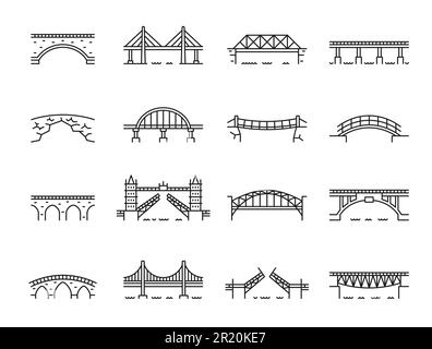 Ikonen von Linienbrücken, Bögen von Viadukten über Fluss- oder Eisenbahnbrücken, Vektorsymbole. Gebäude- und Baudenkmäler der Architektur von Hängebrücken oder Stadtzugbrücken und Turmtor Stock Vektor