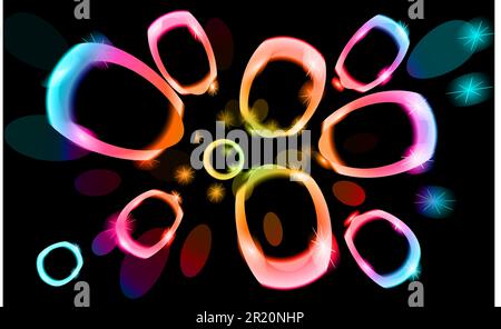 Abstrakte Textur von ungewöhnlichem, wunderschönem Licht, leuchtenden, hellen Kreisen von Ovarien energiegeladener magischer Neonfarbe, mehrfarbig schillernd mit Bokeh effektiv Stock Vektor