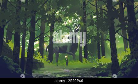 Ein Junge mit einer Fackel und seinem Hirsch, der im Wald steht, digitale Kunst, Illustrationsmalerei Stockfoto