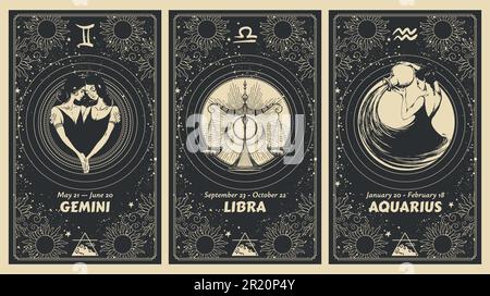 Gemini, Libra, Aquarius zodiac Zeichen, Luftelement, mystische Astrologie Karten, Horoskop Banner mit Frauen auf schwarzem Hintergrund für Geschichten. Vecto Stock Vektor