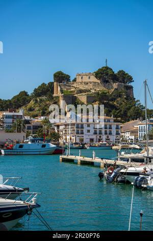 Hafen von Diana mit Castell de Dénia mit Luxusyachten und Fischerbooten im Vordergrund Stockfoto