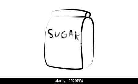 Paket mit Zucker auf weißem Hintergrund, Vektordarstellung. Das Paket ist schwarz-weiß. Zeichnungsstil. Papiertüte gefüllt mit Gewürzen. Backen Sug Stock Vektor