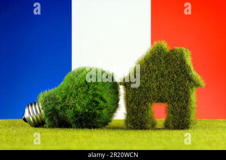 Grüne Eco-Lampe, Eco-House-Symbol und Frankreich-Flagge. Erneuerbare Energien. Strompreise, Energieeinsparung im Haushalt. Stockfoto
