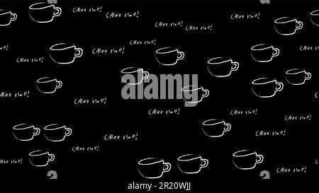 Strukturieren Sie nahtlos weiße Tassen mit einem Stift aus schwarzem Kaffee, der in wässrigen Kreidefarben gezeichnet ist, und einer Aufschrift zur Kaffeezeit auf einem schwarzen Ba Stock Vektor