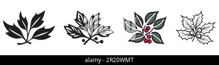 Weihnachtsvektorpflanzen Set. Holly-Beere, weihnachtsbaum, Kiefer, hinterlässt Äste. Vektordarstellung. Stock Vektor