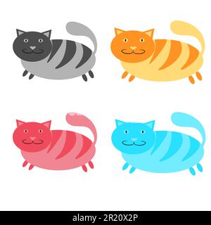 Set aus mehrfarbigen, pinkfarbenen, blauen, roten und grauen, gestreiften Dick, Katzen auf weißem Hintergrund. Vektordarstellung. Stock Vektor