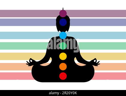 Sitzende Buddha-Silhouette in Meditation mit Chakren. Sieben Chakras mit farbigen Streifen, Energiekörper und Yogi meditieren in Lotusposition. Vektor Stock Vektor