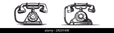 Satz Vektorlogo einer handgezeichneten Abbildung eines Retro-Telefons im Vintage-Stil. Stock Vektor