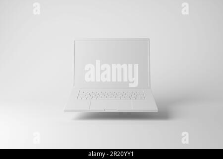Weißer Laptop mit leerem Bildschirm auf weißem Hintergrund. Veranschaulichung des Konzepts von Minimalismus, Geschäft und Technologie Stockfoto