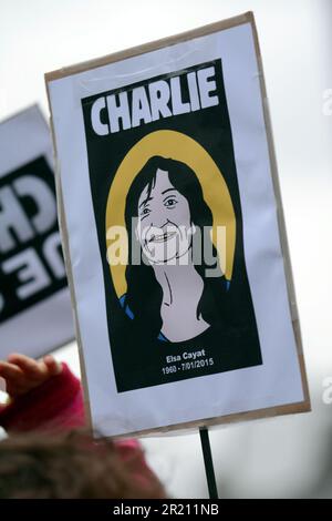 Foto während der Charlie Hebdo-Wache in London. Jemand hält ein Plakat mit Elsa Cayat, einer französischen Psychiaterin und Psychoanalytikerin und Kolumnist der satirischen Zeitung Charlie Hebdo. Cayat war eines von 12 Opfern des Anschlags von Charlie Hebdo und wurde zusammen mit den sieben Journalisten, Wartungspersonal, einem Besucher und zwei Polizisten getötet. Stockfoto