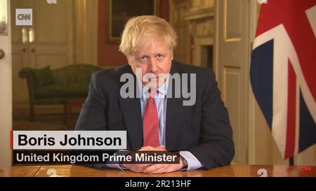 Der britische Premierminister Boris Johnson kündigt die erste nationale Abriegelung während der Coronavirus-COVID-19-Pandemie am 23. März 2020 an. Stockfoto